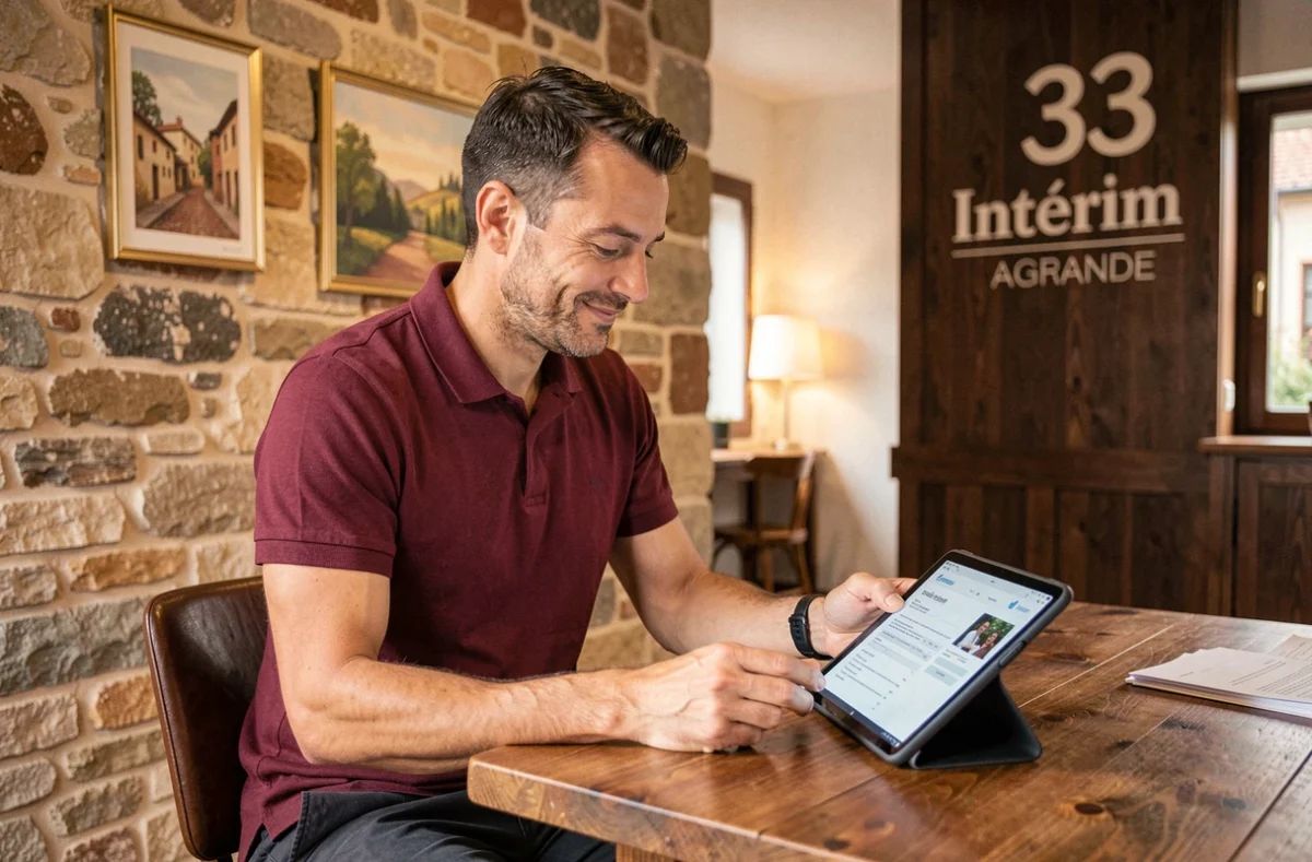 Recruteur de l'agence 33 Intérim consultant un dossier de candidature sur tablette dans un cadre aux accents girondins