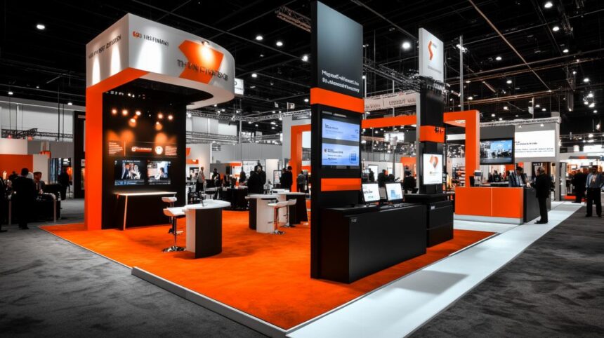 Stand professionnel attrayant avec aménagement optimisé pour un salon B2B