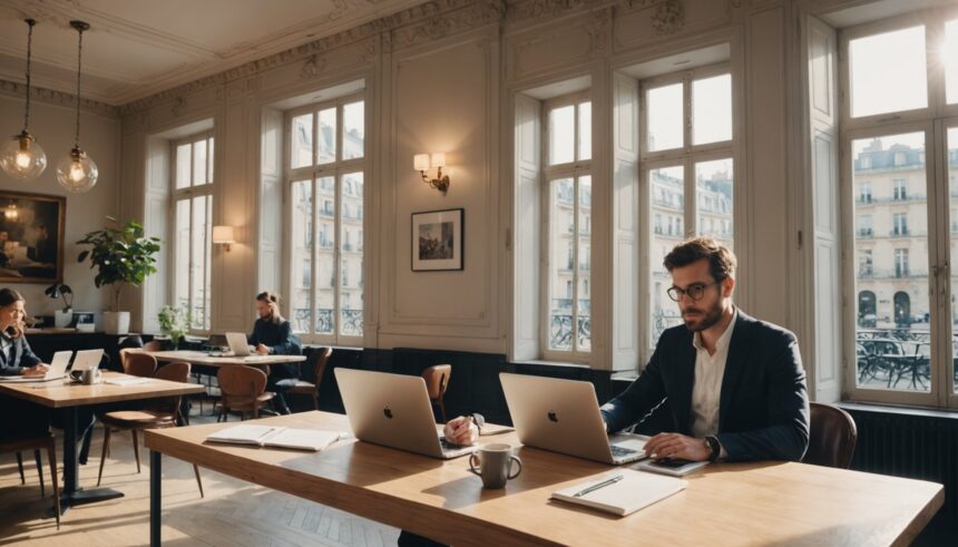 Professionnels travaillant en freelance dans un bureau parisien moderne