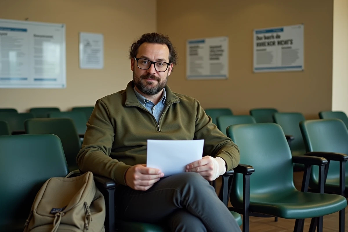 Homme en attente dans un bureau de services sociaux après un accident du travail en ESAT, illustrant les droits et indemnités en cas d'accident pour un travailleur handicapé