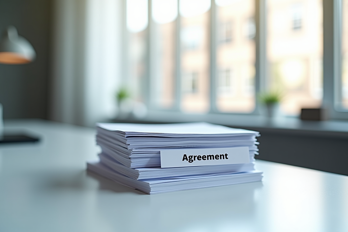Pile de documents officiels sur un bureau moderne lumineux