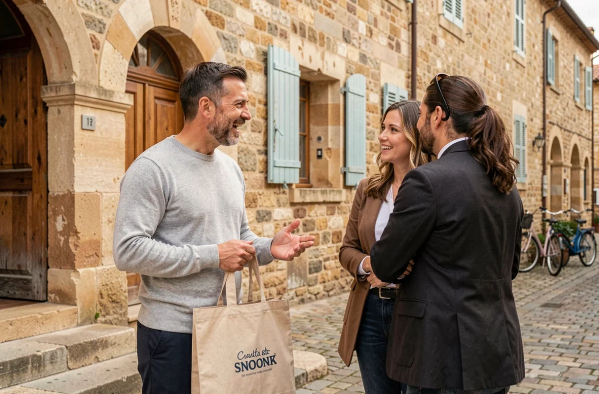 Trois professionnels de l'ESS échangeant devant un bâtiment historique en Occitanie, représentant l'ancrage territorial de Cress Midi Pyrénées