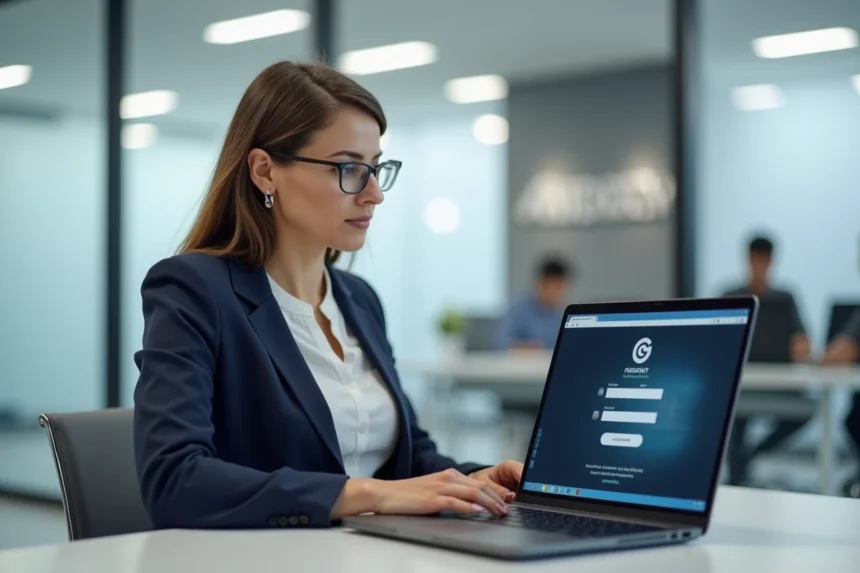 Franchisée Norauto activant son compte sur l'intranet depuis son bureau professionnel
