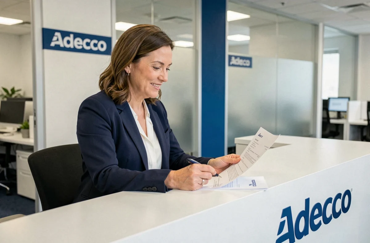Recruteuse Adecco en blazer marine conseillant un candidat dans une agence d'emploi moderne
