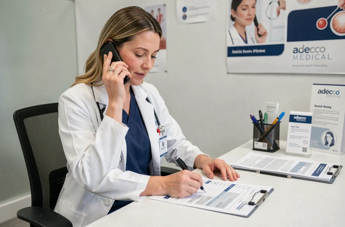 Recruteuse Adecco Medical en blouse blanche gérant un planning de personnel soignant dans une agence médicale
