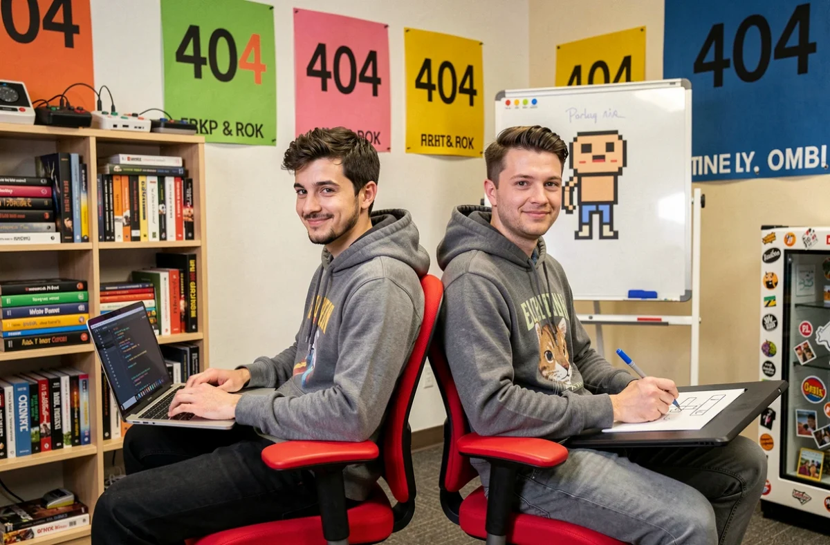 Duo de développeurs web de l'Agence 404 dans un studio créatif parisien au style décalé et plein de personnalité