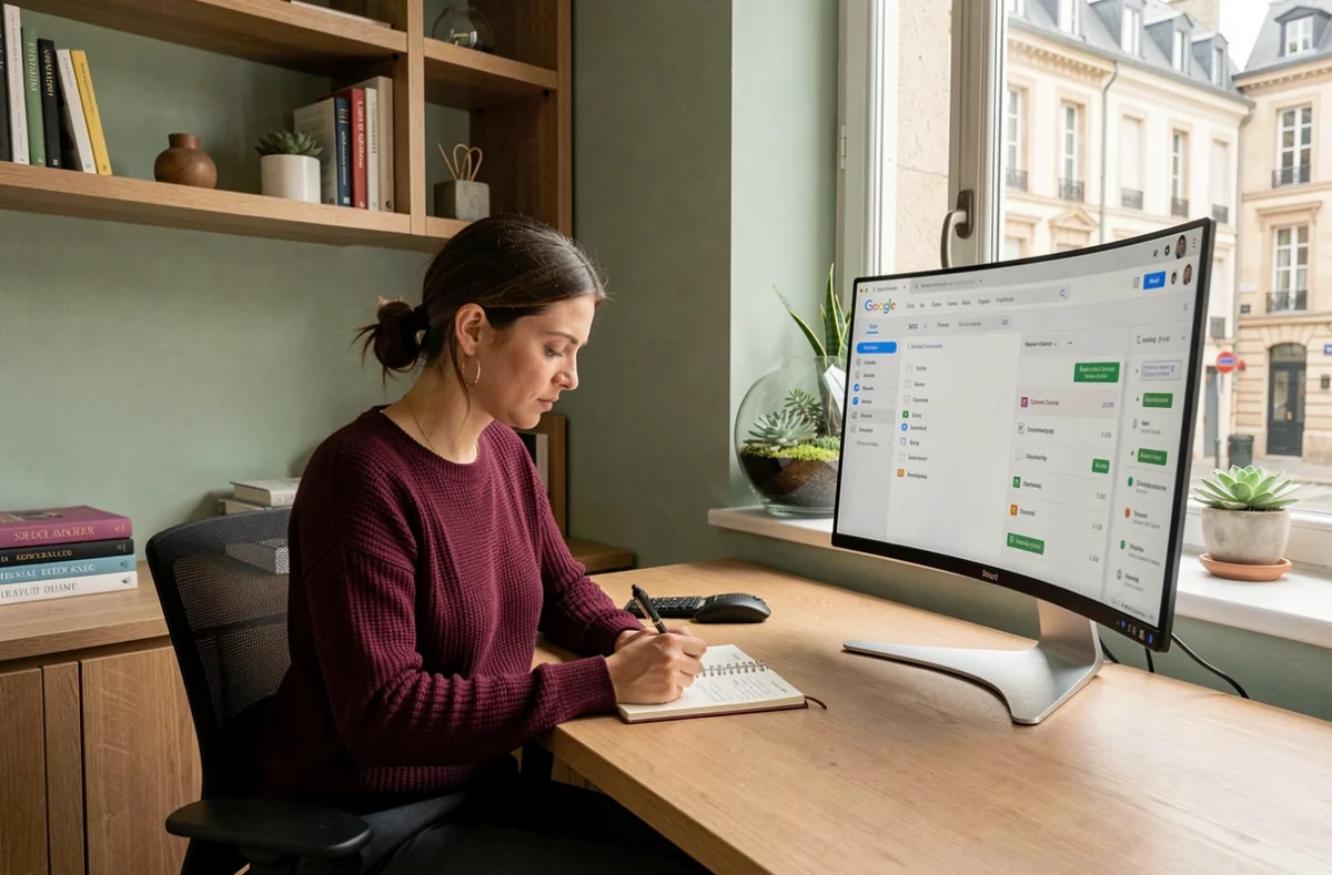 Consultante SEO de l'agence Digimood analysant des données Google Search Console et prenant des notes dans un bureau minimaliste élégant