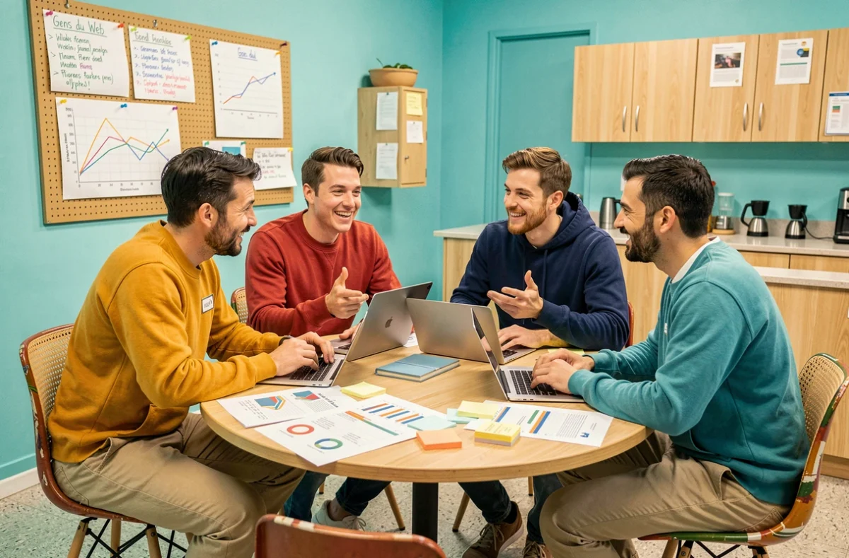 Équipe de l'agence Gens du Web en session de brainstorming autour d'une table avec des rapports analytiques et des laptops dans un espace coloré