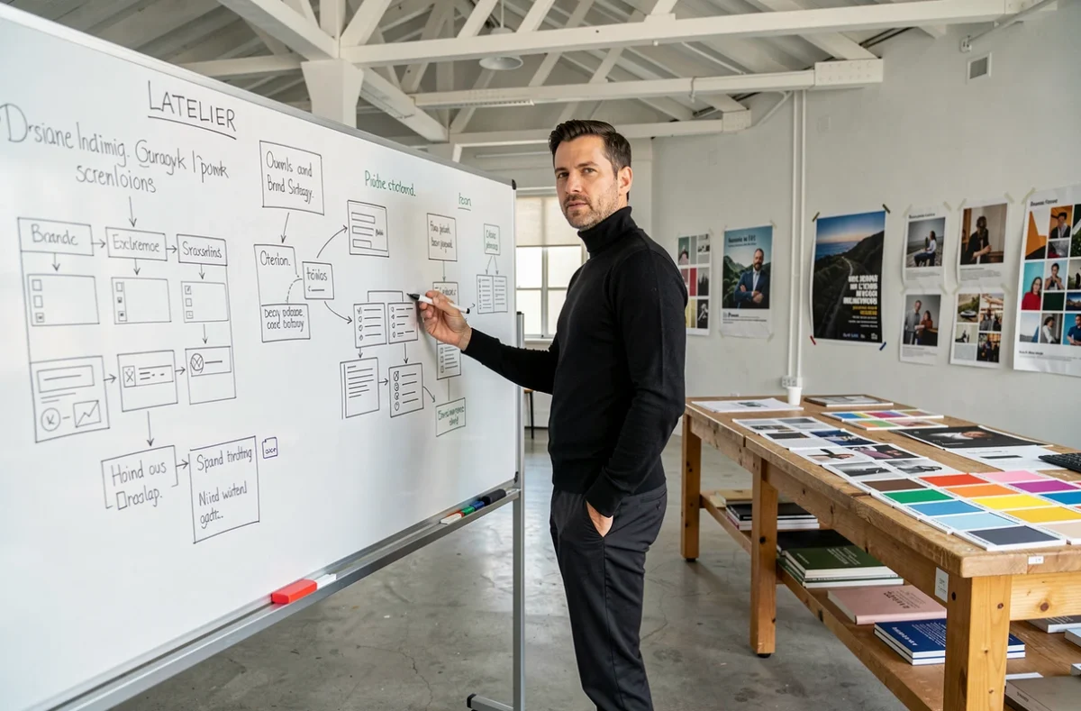 Directeur créatif de l'atelier LATELIER devant un tableau de wireframes et de stratégies de marque dans un studio de design loft à Nantes