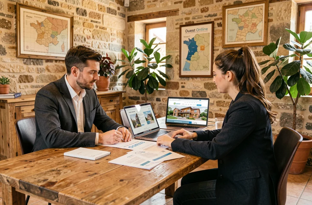 Deux consultants de l'agence Ouest Online révisant une proposition de marketing digital pour un client de Loire-Atlantique dans un espace au décor régional chaleureux