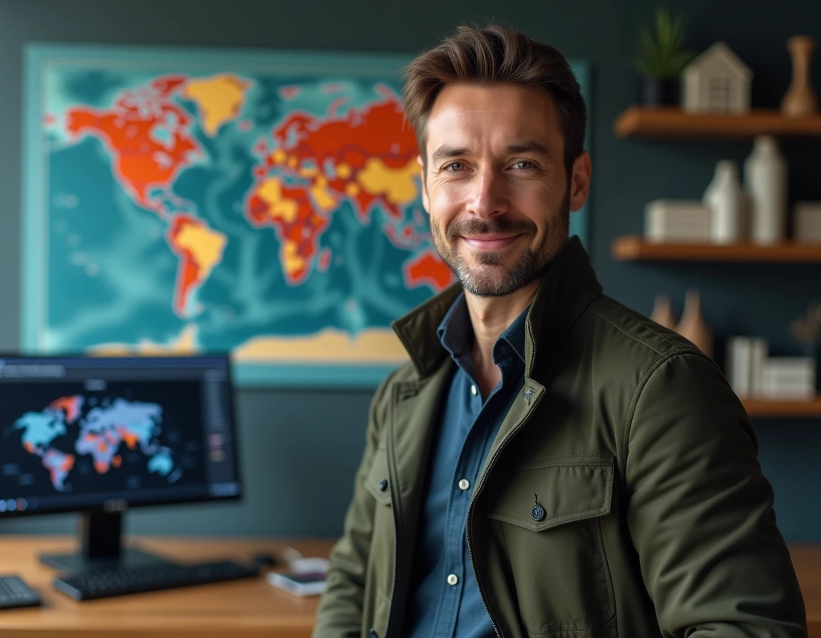 Consultant de l'agence Atlas Studio debout devant une carte du monde dans un studio axé sur la stratégie SEO internationale