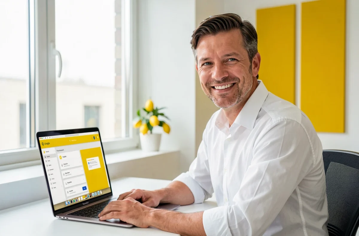Consultant de l'agence Lemon Interactive souriant devant un tableau de bord SEO aux accents jaune citron dans un bureau moderne