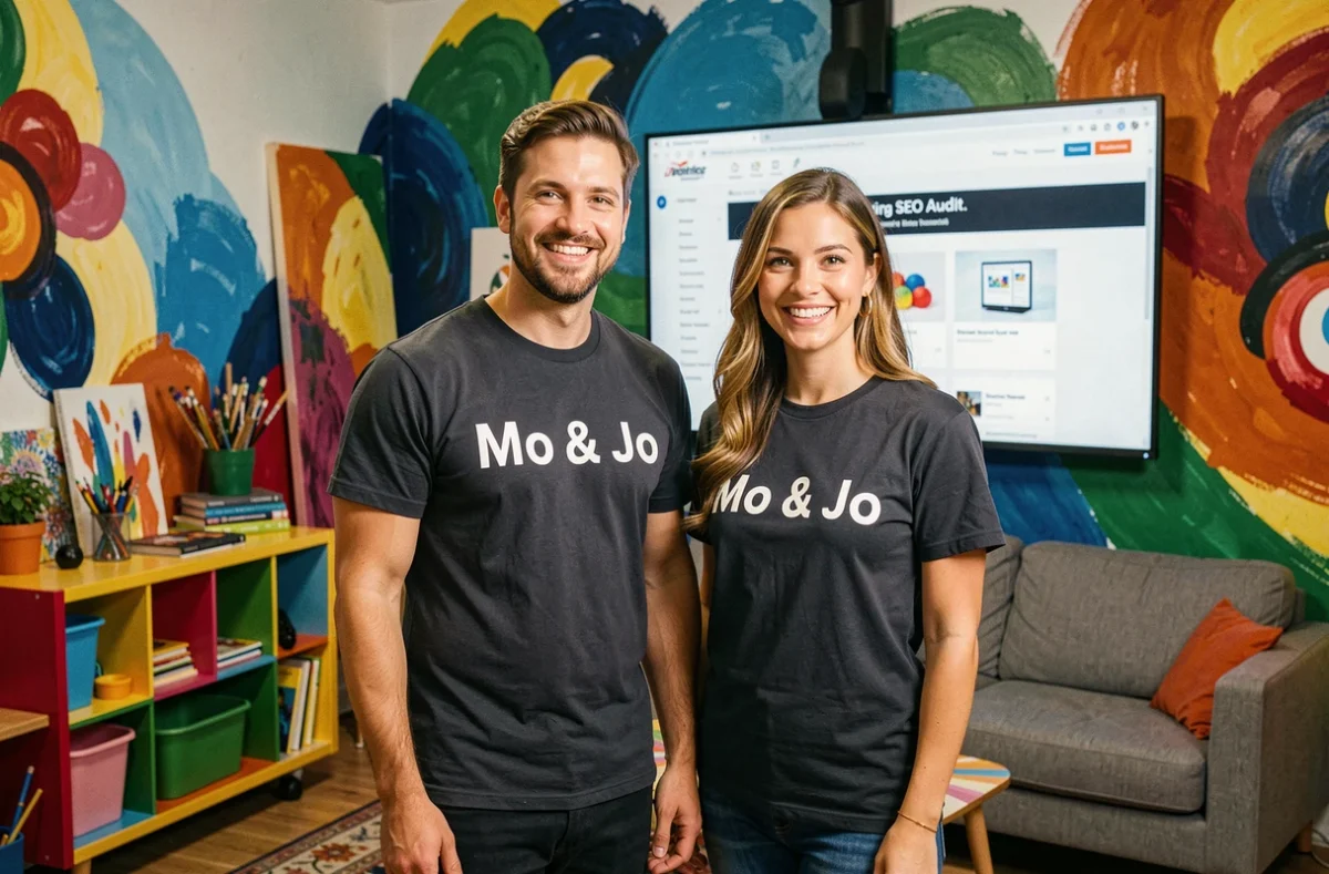 Les cofondateurs de l'agence Mo & Jo posant dans leur studio créatif coloré devant un écran d'audit SEO