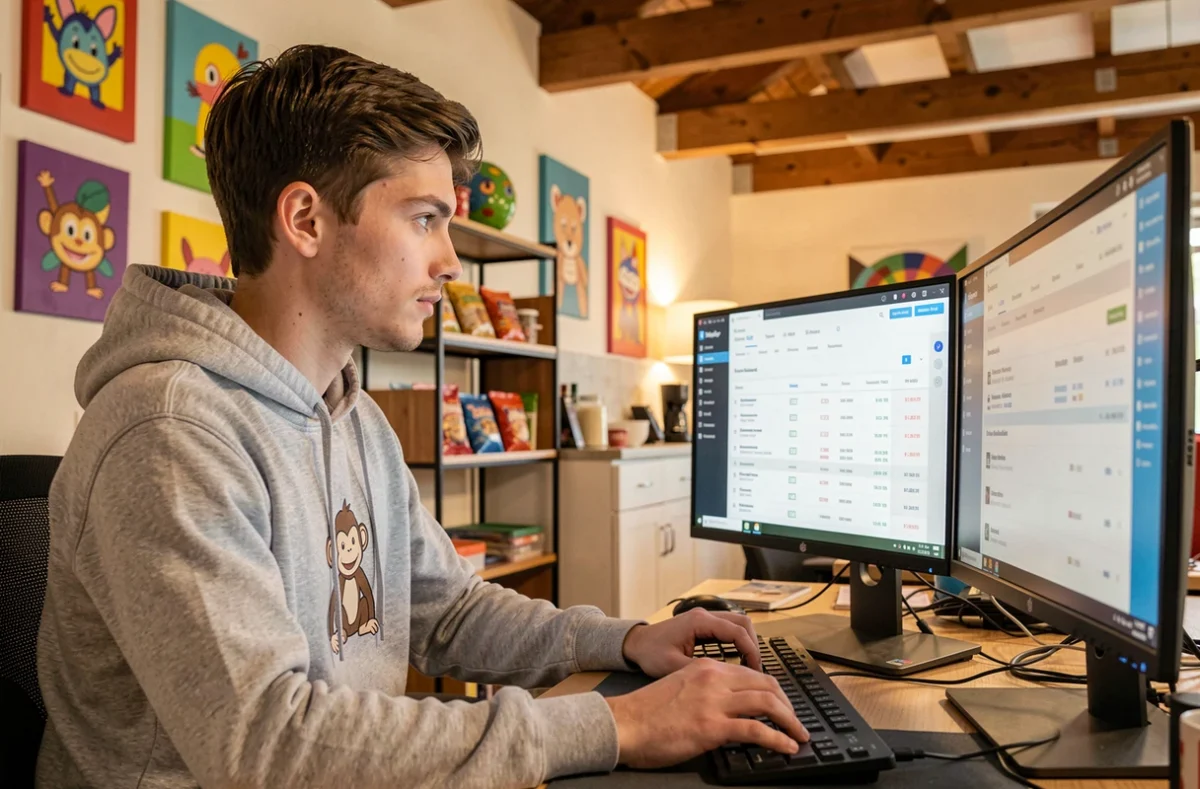 Consultant SEO de l'agence SEO Monkey travaillant sur des outils de recherche de mots-clés dans un espace de travail créatif