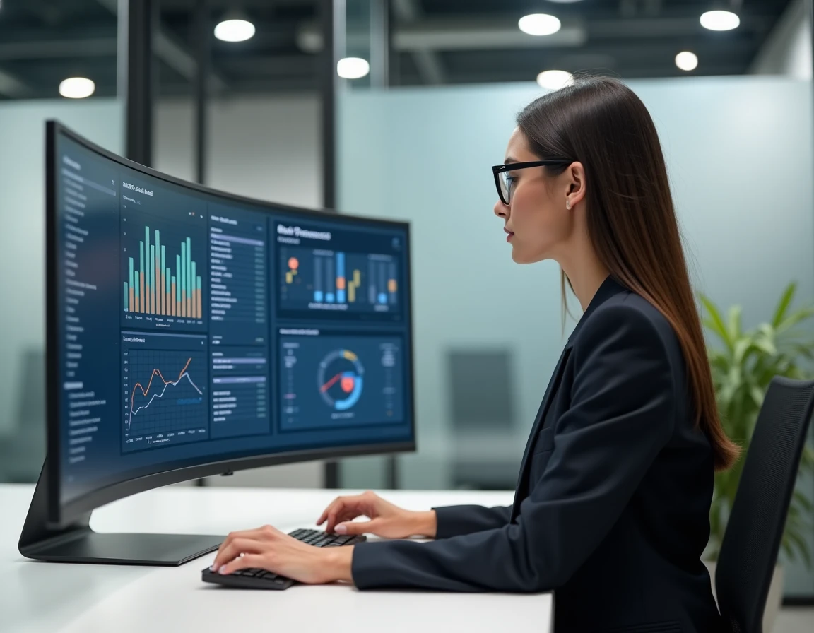 Professionnelle de l'agence Noiise analysant des rapports SEO sur un grand écran incurvé dans un bureau moderne