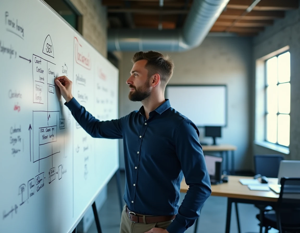 Stratège de l'agence Slashr présentant une carte de stratégie SEO sur un tableau blanc dans un bureau industriel