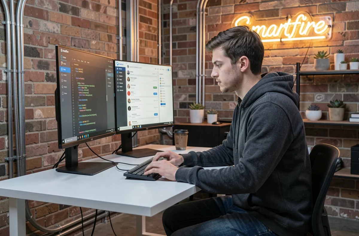 Développeur web de l'agence Smartfire concentré sur des tableaux de bord de performance numérique dans un espace de travail industriel créatif