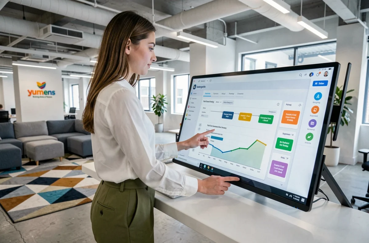 Spécialiste en référencement payant de l'agence Yumens ajustant une stratégie de campagne Google Ads sur un écran tactile dans un bureau ouvert moderne