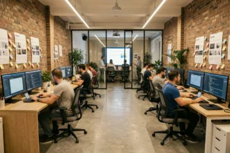 Vue panoramique d'une agence de création de sites internet parisienne moderne avec des équipes de designers et développeurs au travail