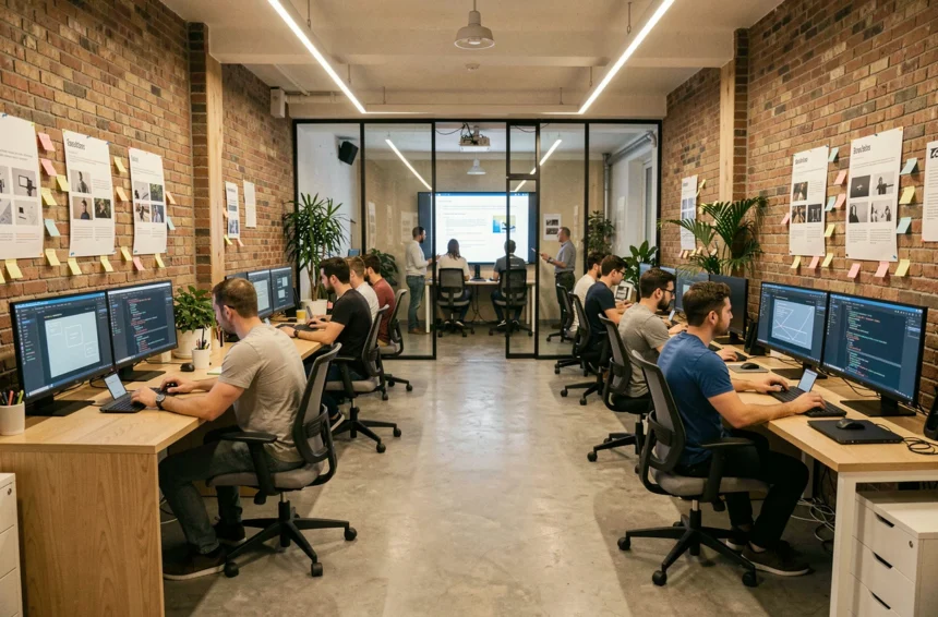 Vue panoramique d'une agence de création de sites internet parisienne moderne avec des équipes de designers et développeurs au travail