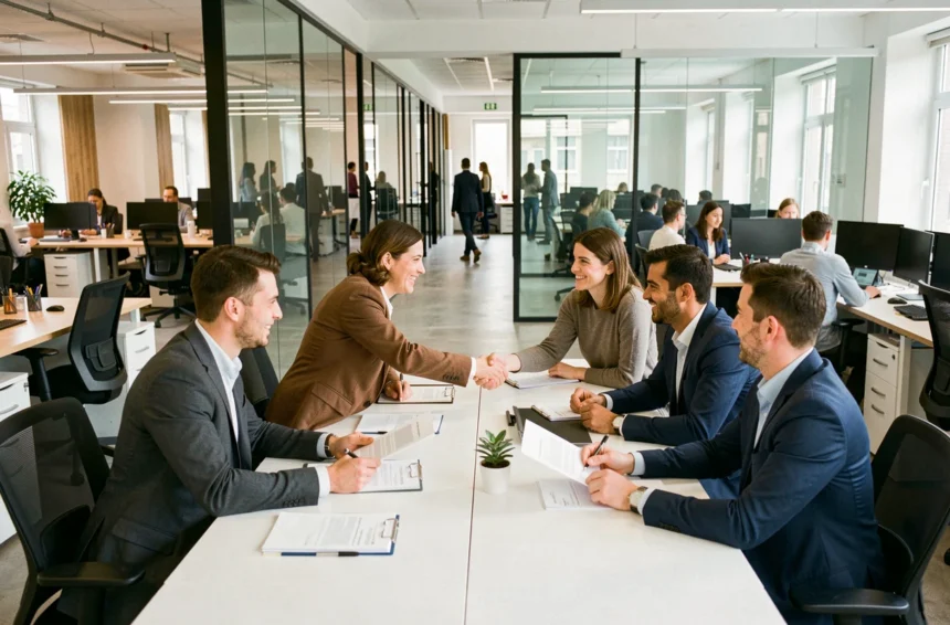 Vue d'ensemble d'une agence d'intérim moderne en Gironde avec des professionnels collaborant dans un espace de travail ouvert