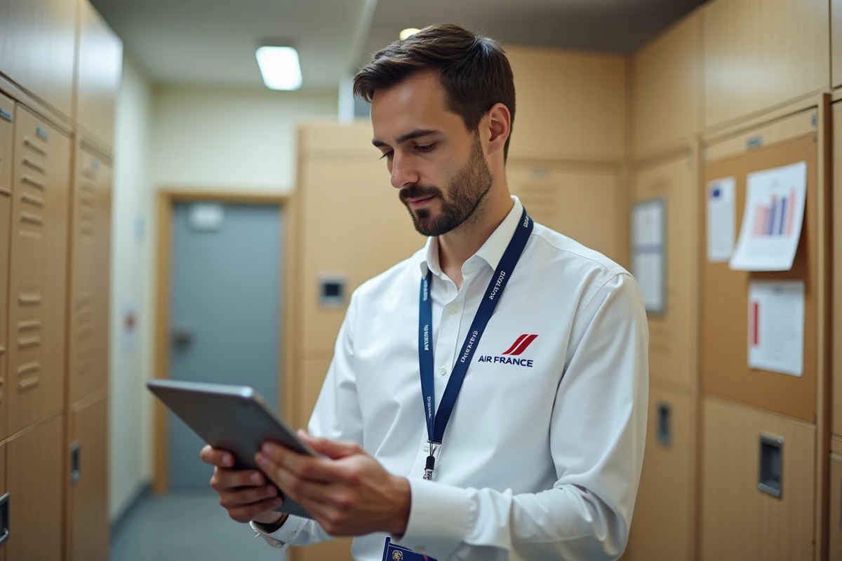 Agent de bord Air France consultant le portail Intralignes sur une tablette dans une salle de briefing d'aéroport