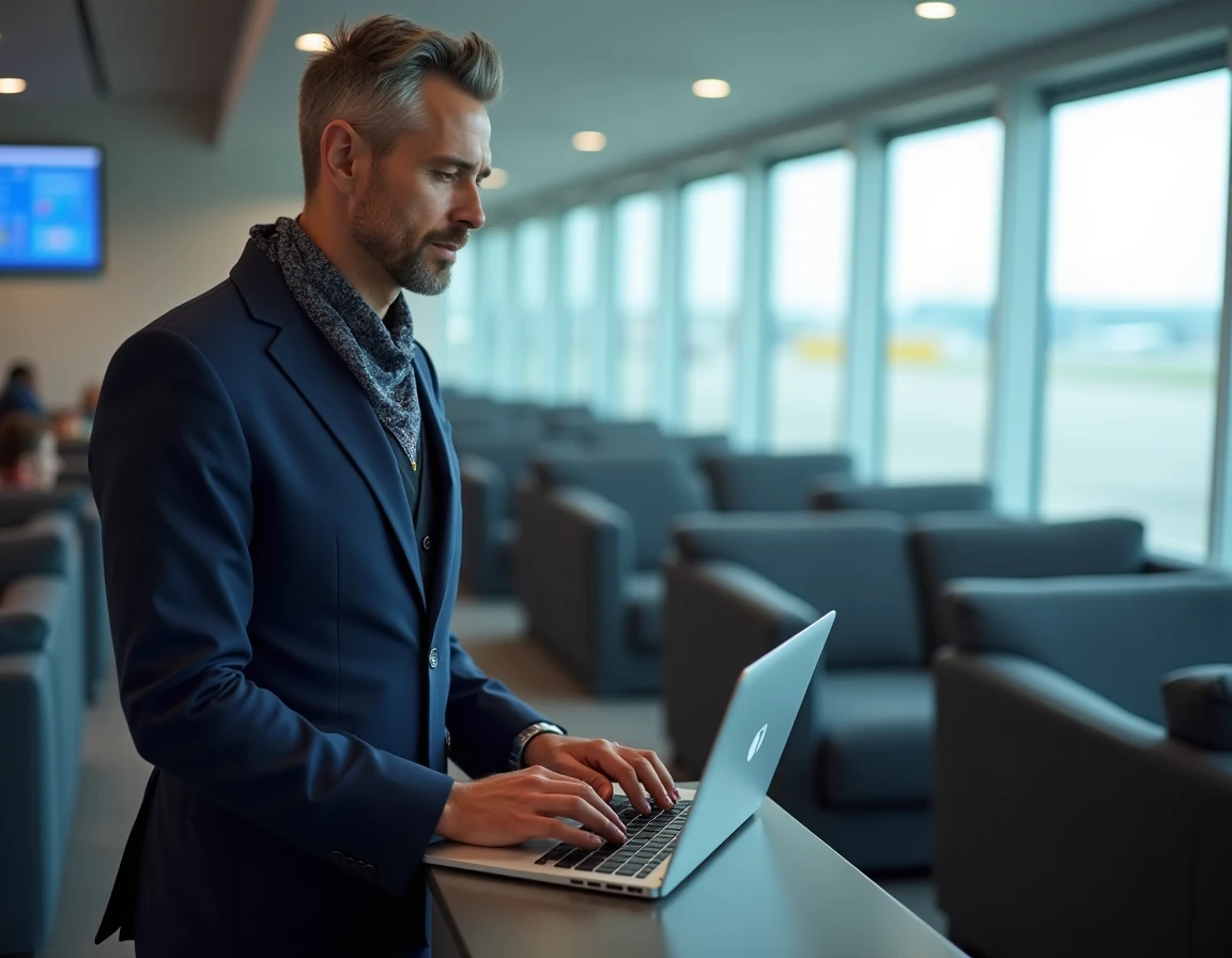 Agent de bord masculin en uniforme accédant aux raccourcis IPN dans un salon d'équipage d'aéroport sur ordinateur portable