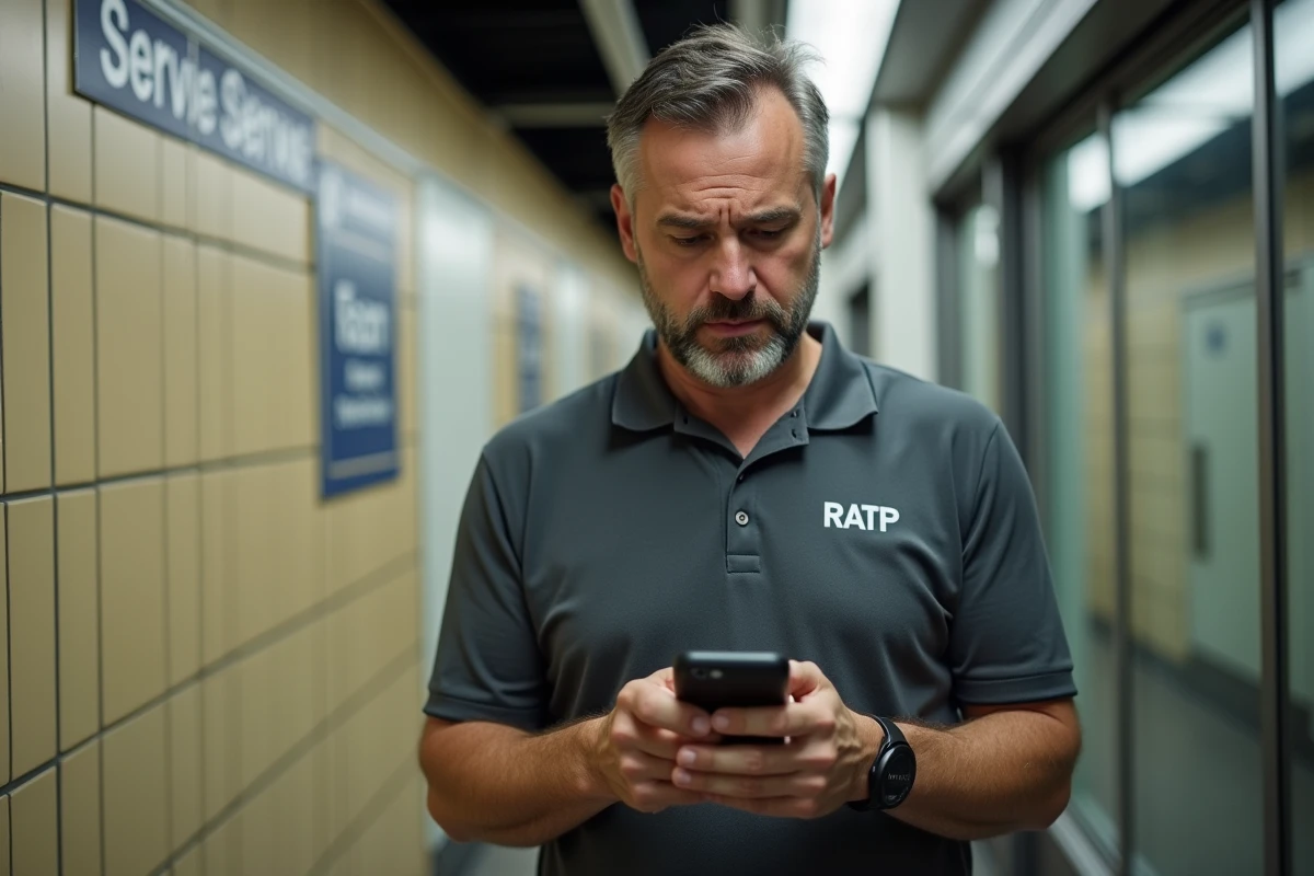Agent RATP consultant son téléphone avec une expression perplexe face à un problème de mot de passe Urbanweb