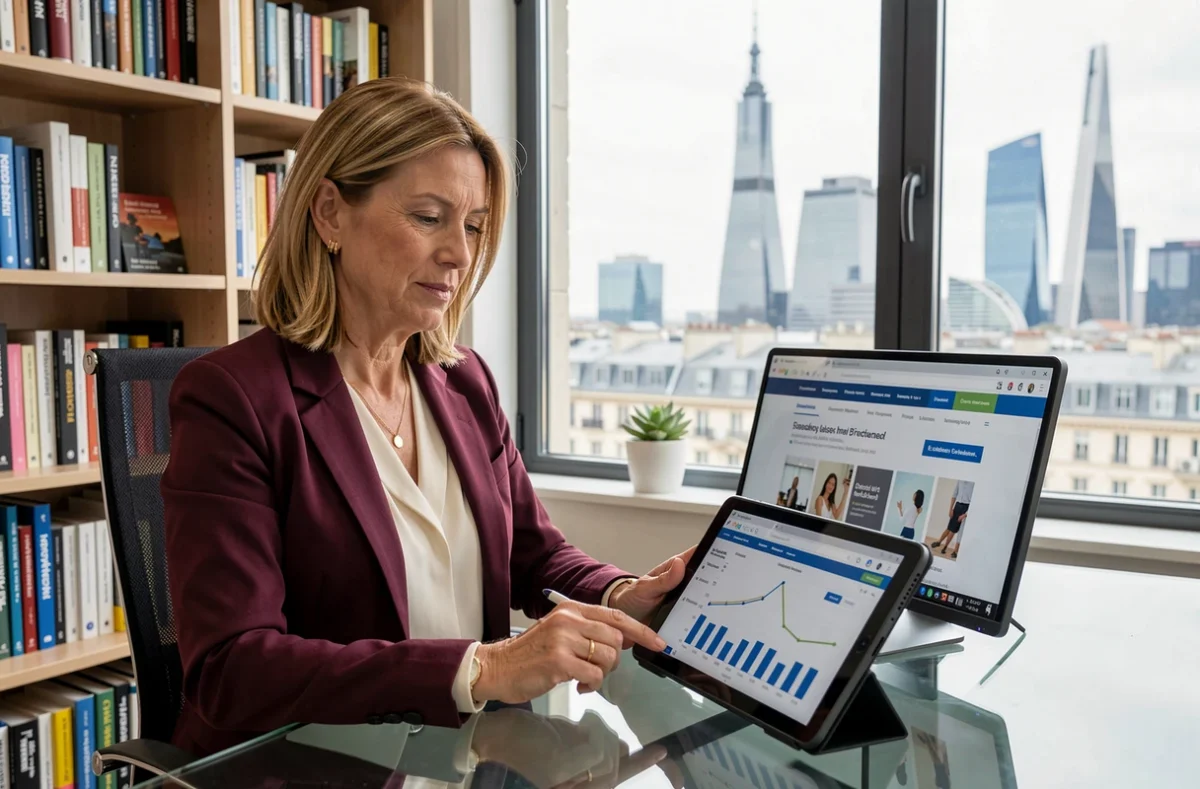 Directrice marketing digital de l'agence Alioze examinant les résultats d'une campagne web depuis son bureau avec vue sur Paris