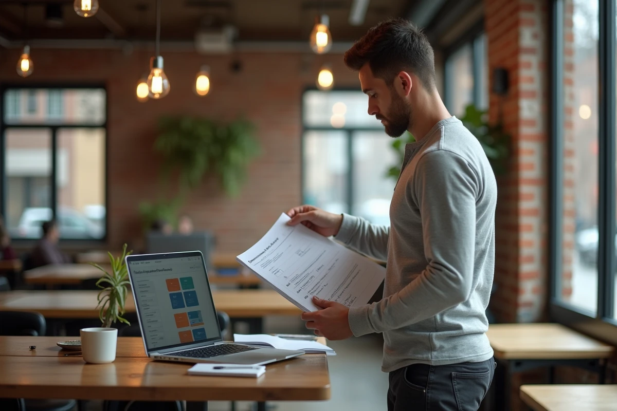 Entrepreneur analysant un comparatif de portails d'annonces professionnelles dans un espace de coworking
