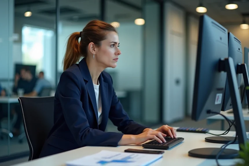 Responsable marketing B2B analysant des données de conversion faibles sur des écrans d'ordinateur dans un bureau moderne