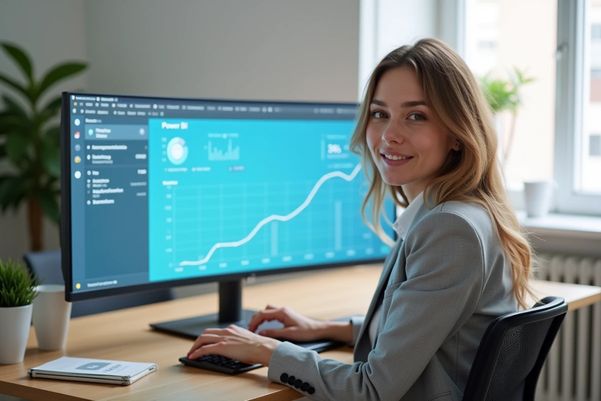 Analyste business féminine devant un tableau de bord Power BI affichant des indicateurs de performance sur un écran ultrawide