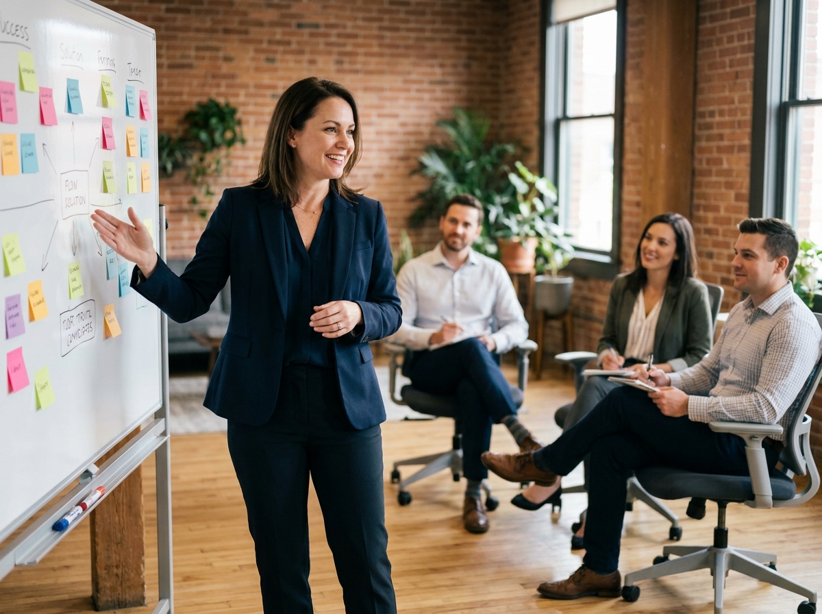 Animatrice de séminaire d'entreprise présentant un tableau blanc avec des post-it devant un groupe de collaborateurs attentifs dans un espace de coworking contemporain