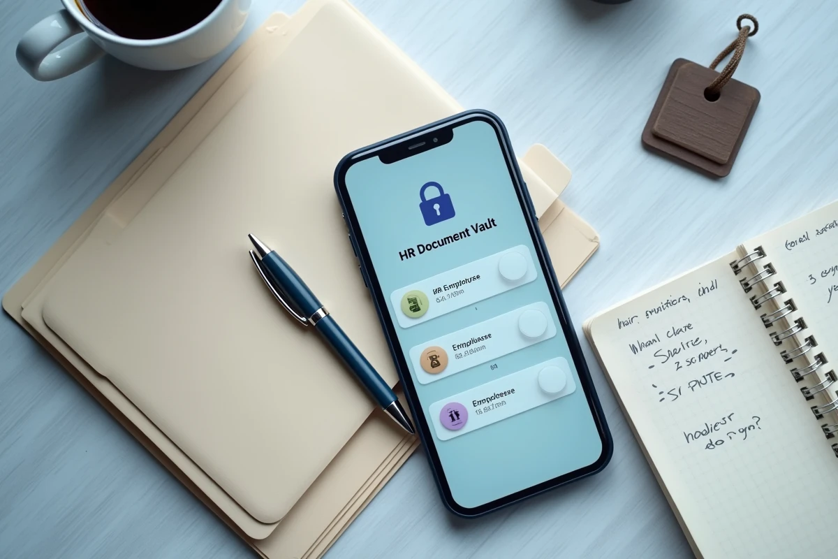 Application de coffre-fort numérique RH sur smartphone posé sur un bureau avec dossiers employés