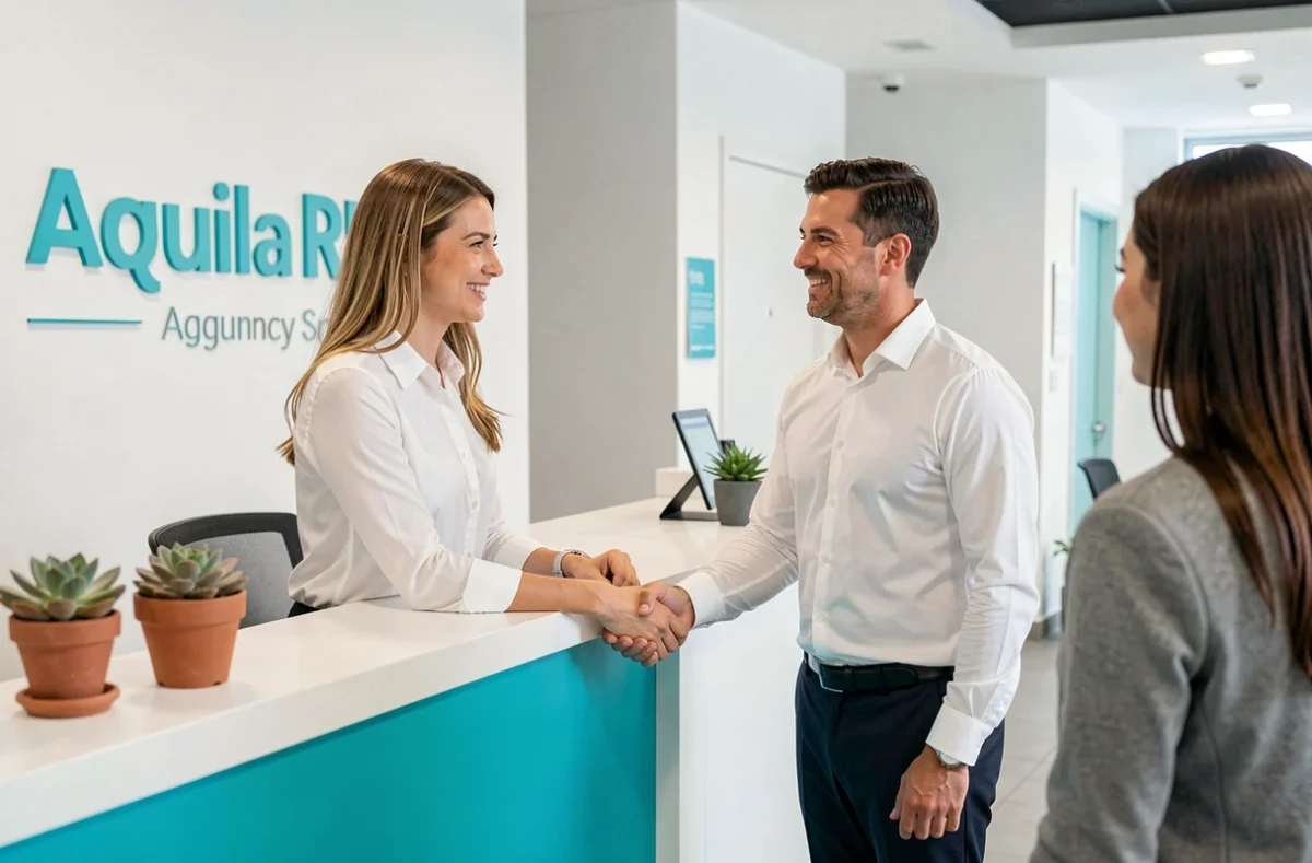 Consultant Aquila RH accueillant une candidate avec une poignée de main dans une agence moderne aux accents bleu aqua