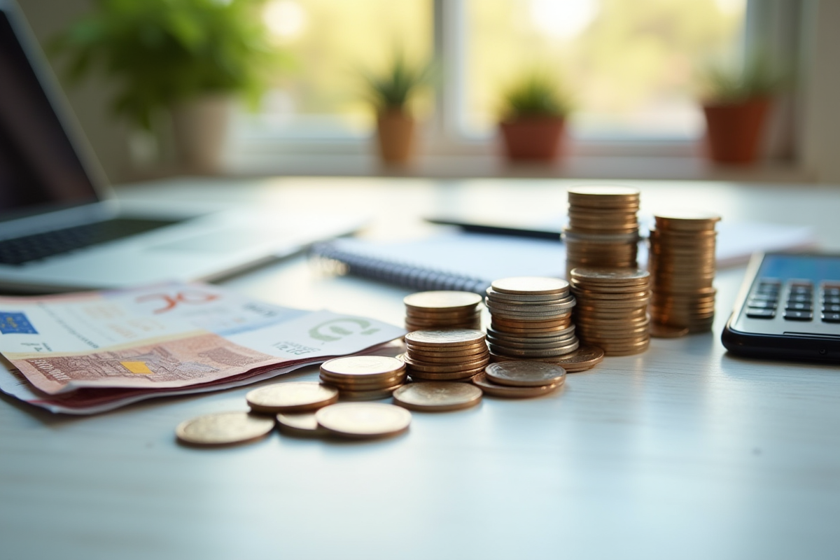 Argent et calculs financiers sur un bureau organisé