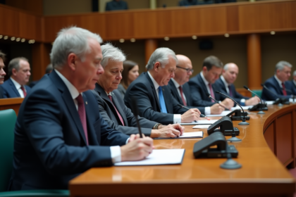 Groupe de parlementaires en séance de vote dans une salle moderne