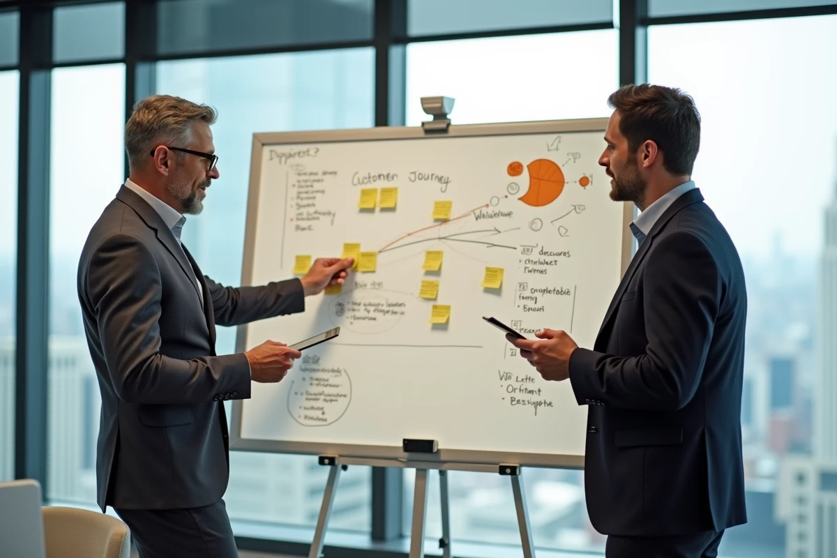 Équipe B2B travaillant sur l'optimisation d'un parcours client lors d'un atelier stratégique en salle de réunion