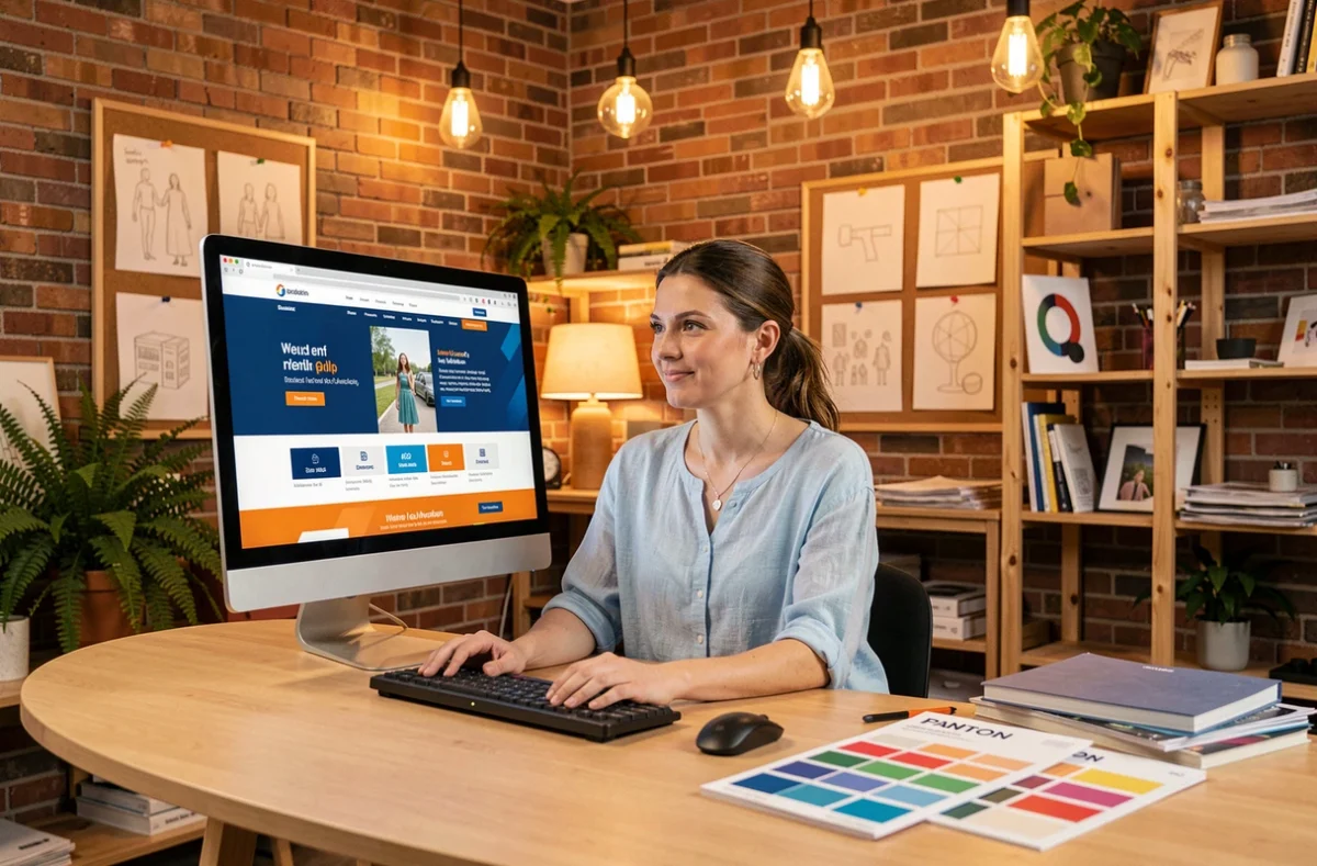 Designer de l'agence Bleu Com' Orange travaillant sur une identité visuelle de site web aux couleurs bleues et orangées