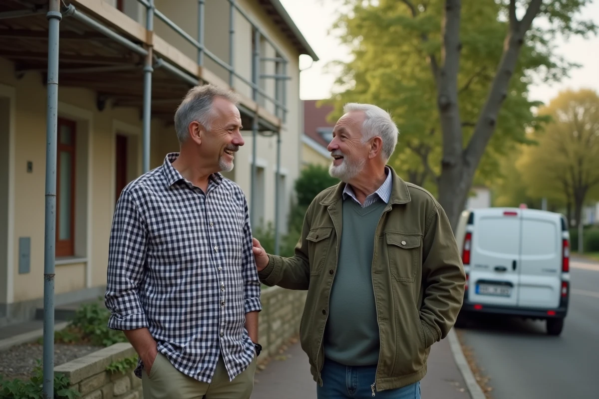 Deux voisins discutant d'un chantier de rénovation extérieure devant une maison avec échafaudage, bouche à oreille entre particuliers