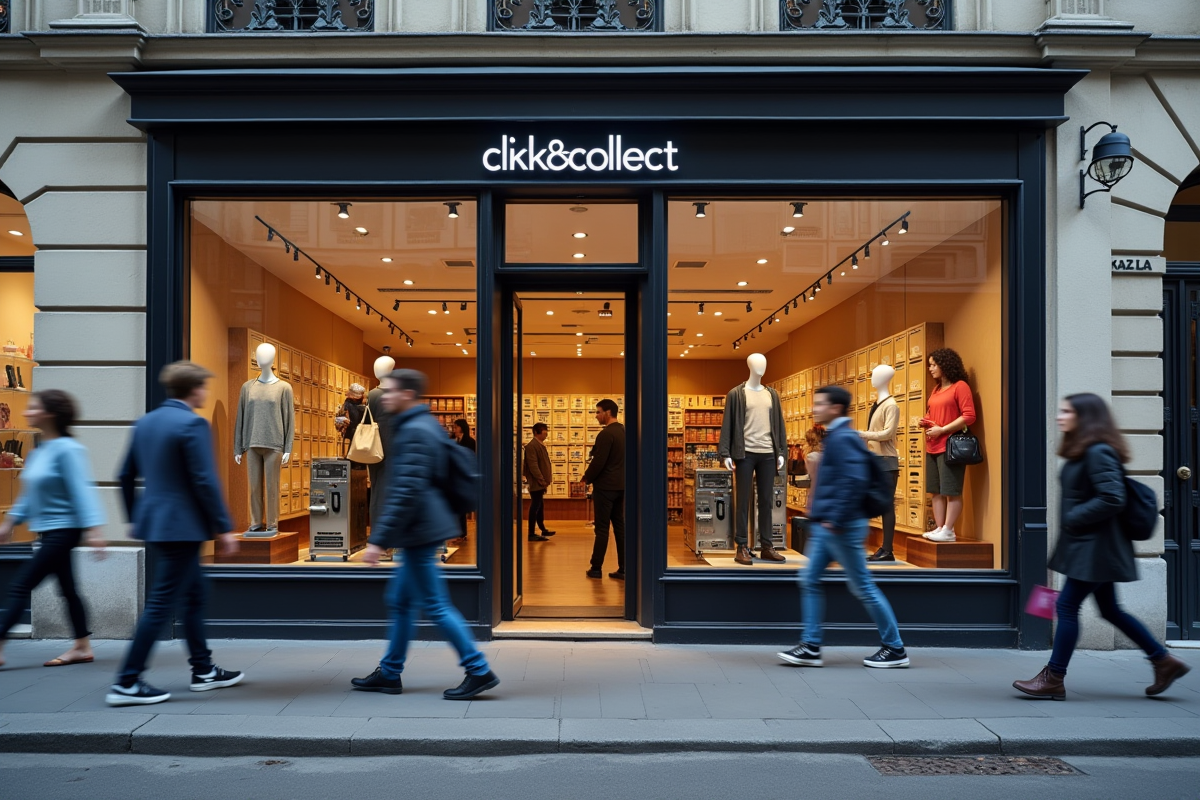Magasin urbain avec casiers de retrait et clients en ville