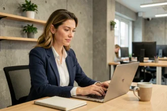 Femme professionnelle travaillant dans un espace de coworking moderne avec bureau en bois et plantes vertes