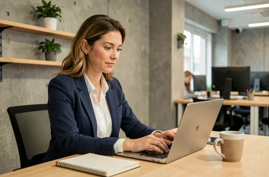 Femme professionnelle travaillant dans un espace de coworking moderne avec bureau en bois et plantes vertes