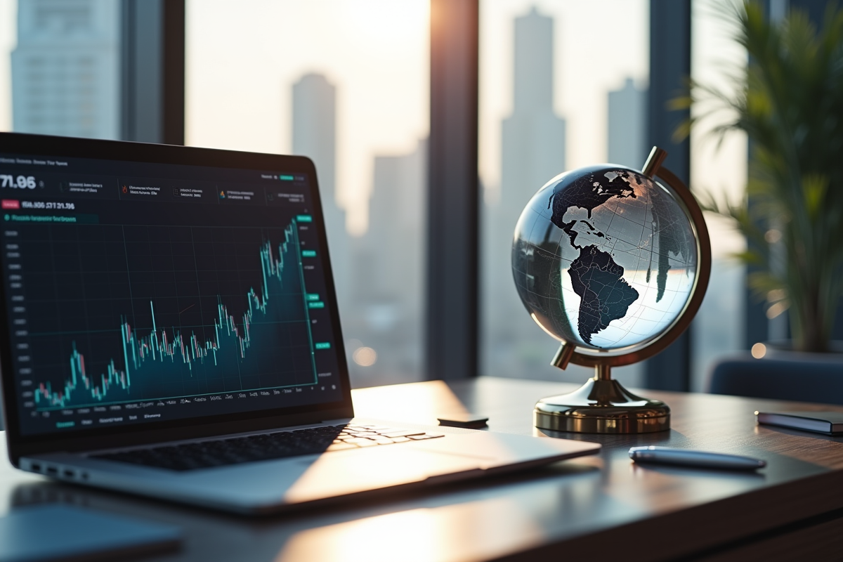 Bureau élégant avec globe en cristal et ordinateur financier