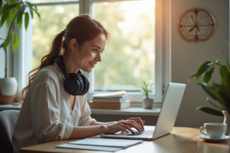 Espace de travail calme avec femme tapant sur ordinateur