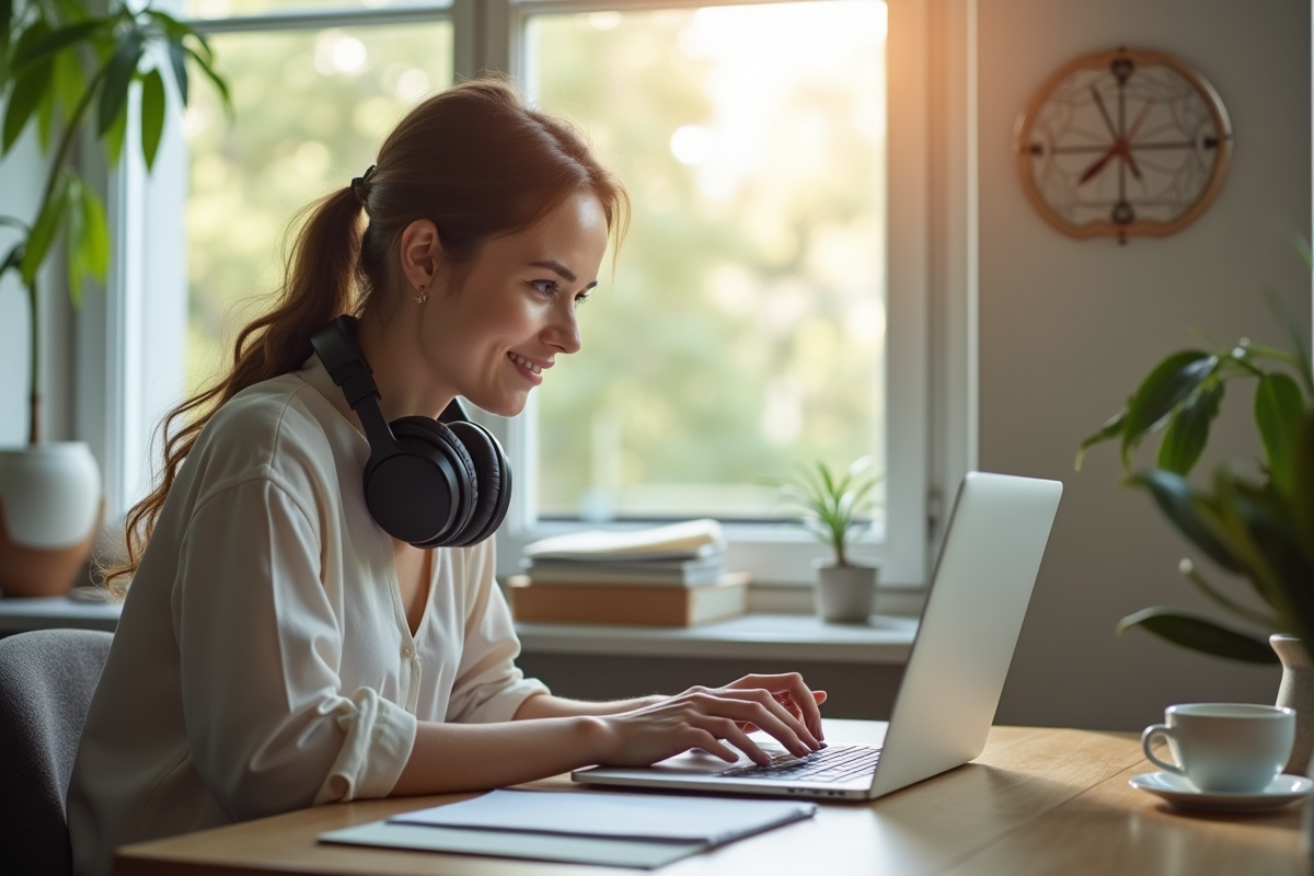 Espace de travail calme avec femme tapant sur ordinateur
