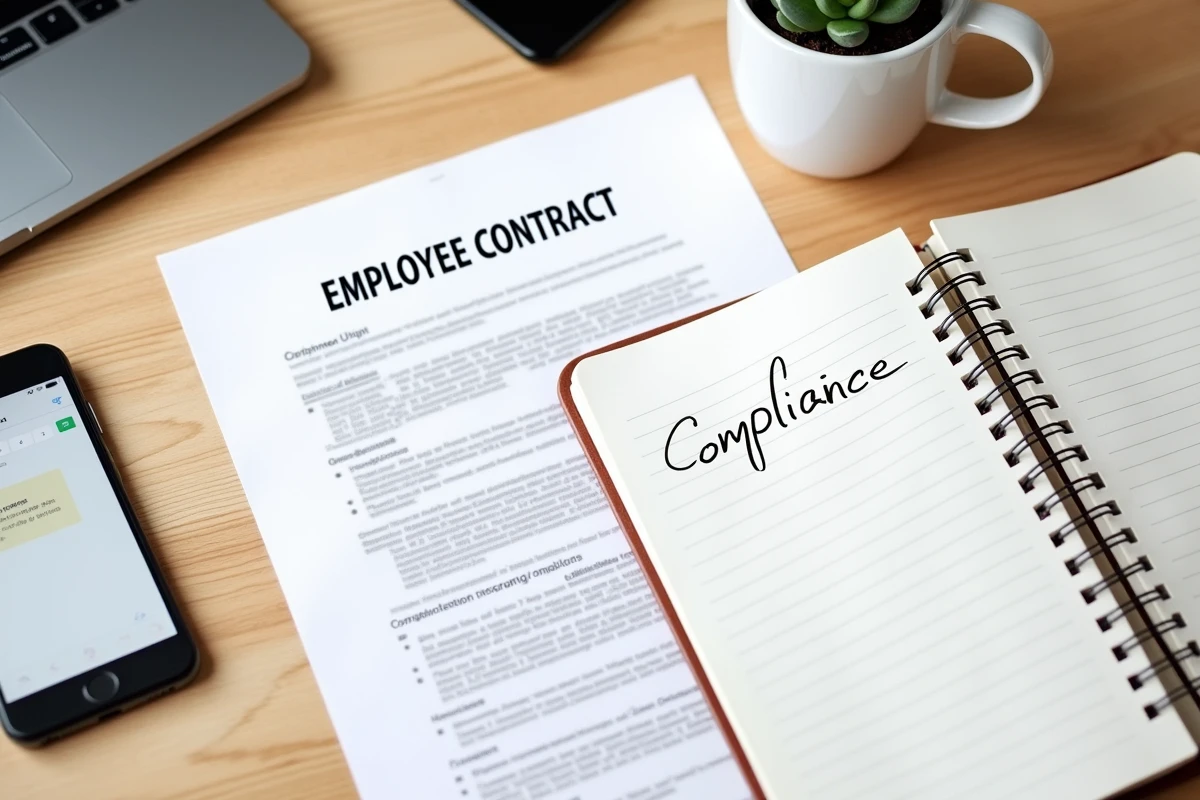 Vue aérienne d'un bureau de travail avec contrat d'employé, notes de conformité RH et rappels de calendrier illustrant la gestion administrative des erreurs employeur