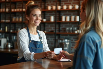 Proprietaire de cafe souriante donnant une carte de fidelite