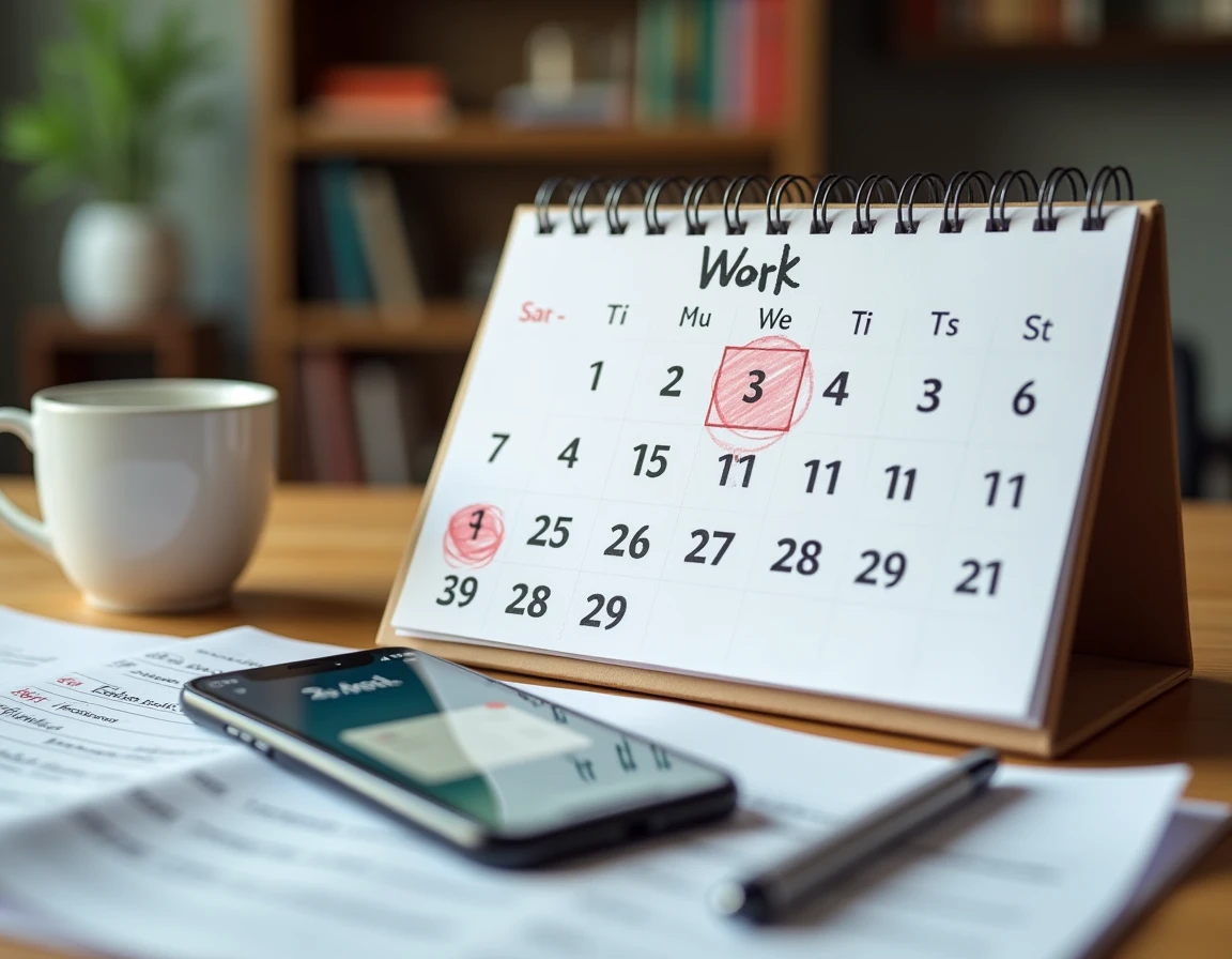 Calendrier de semaine ouvrée avec jours entourés, téléphone affichant une application bancaire et documents d'assurance sur un bureau