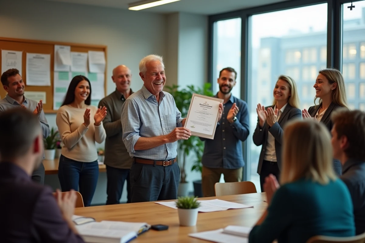 Collegues applaudissant lors d une remise de medaille en entreprise
